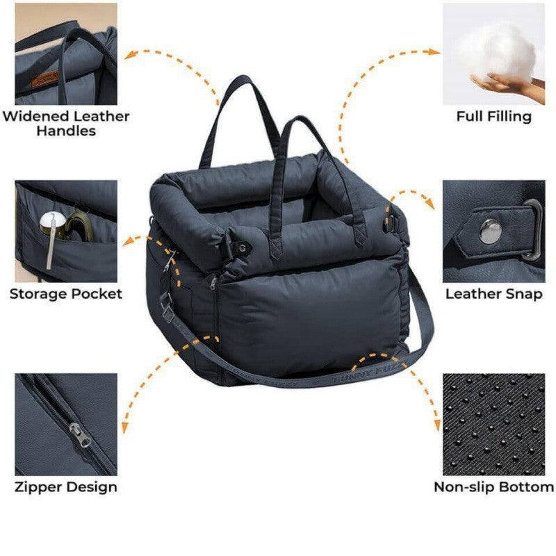 Dark blue pet carrier with various features highlighted on a white background