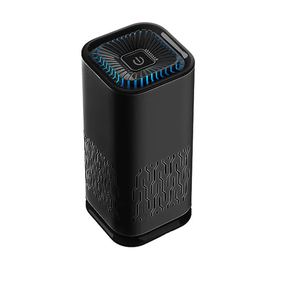 Black electronic device with blue accents on a white background