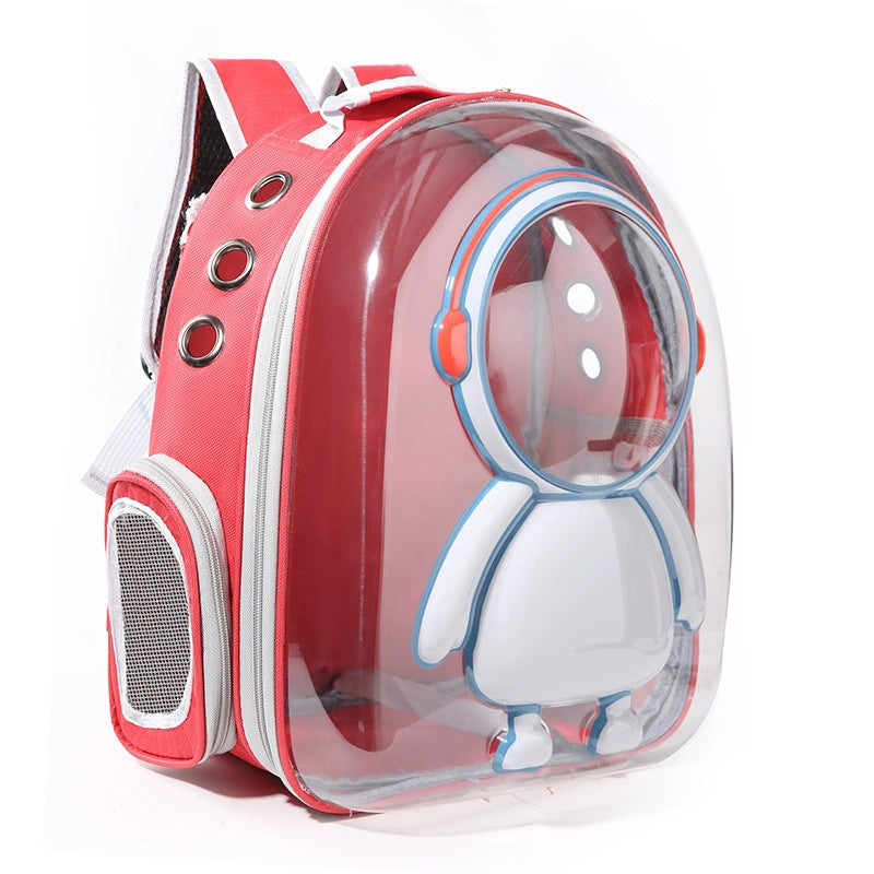 Red pet backpack with clear front for visibility, featuring a cartoon dog design.
