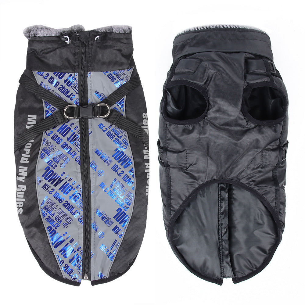 Two black dog coats with blue patterned interior on a white background