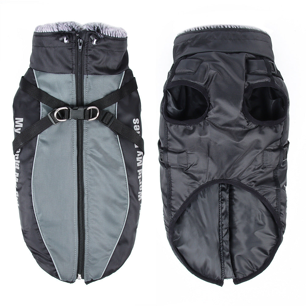 Grey and black dog coat with zippers on a white background