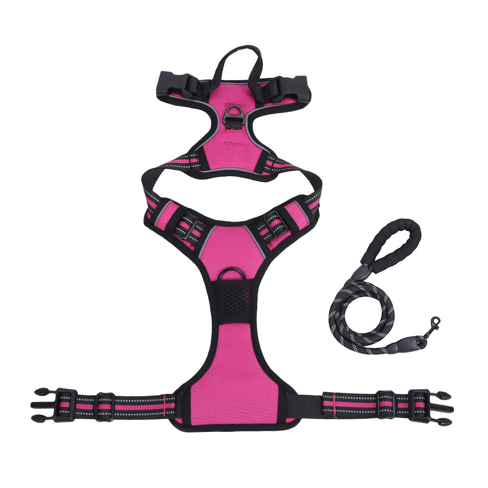 Pink dog harness and leash set on a white background
