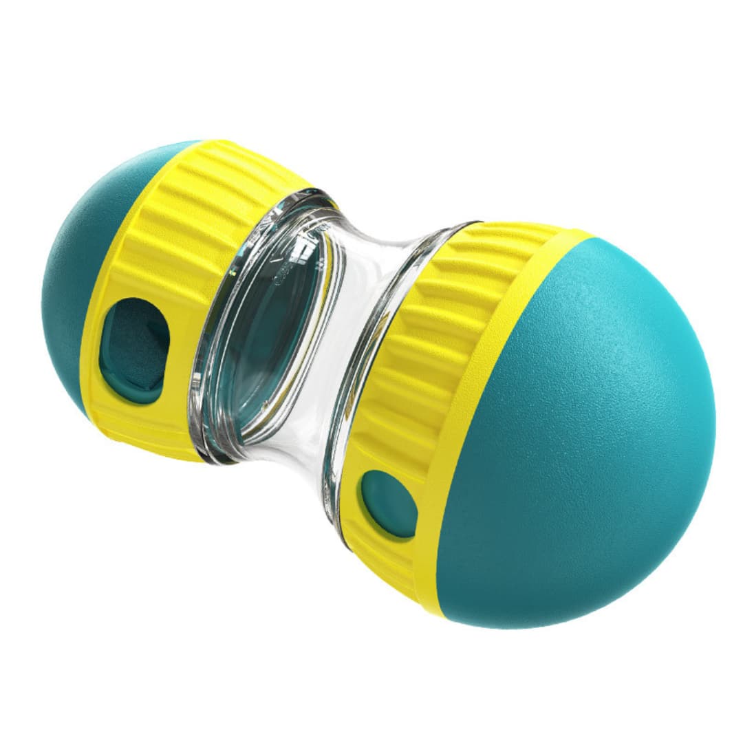 Teal and yellow kitchen dog toy on a white background