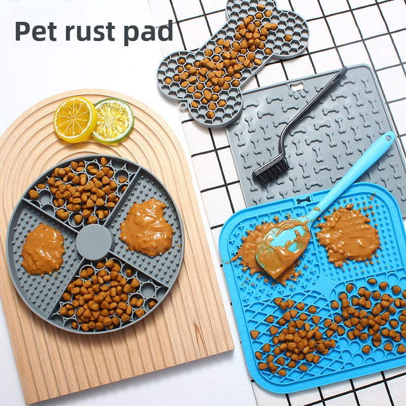 Pet food mats with different designs on a checkered background