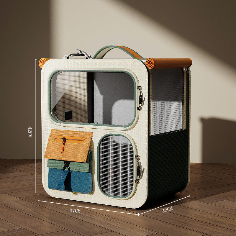 Modern pet carrier with dimensions on a wooden floor