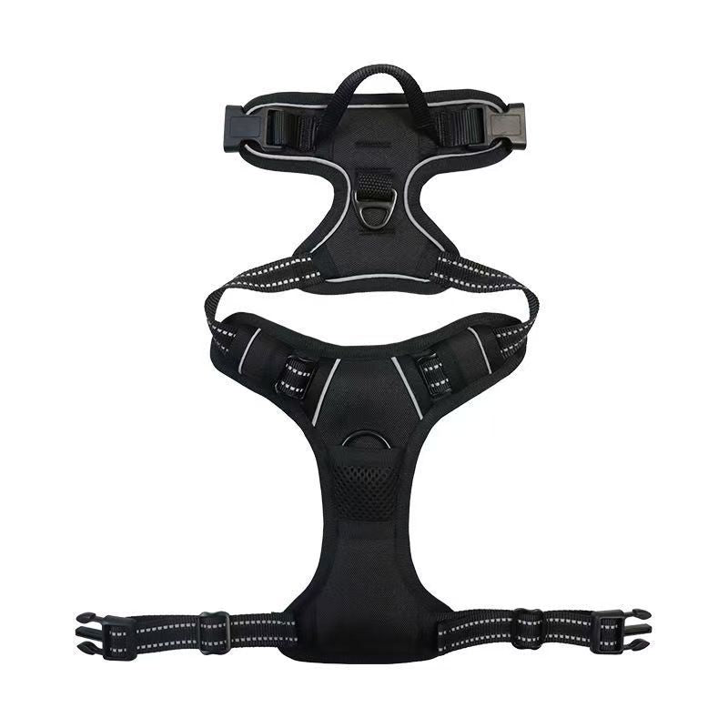 Black dog harness with reflective stripes on a white background