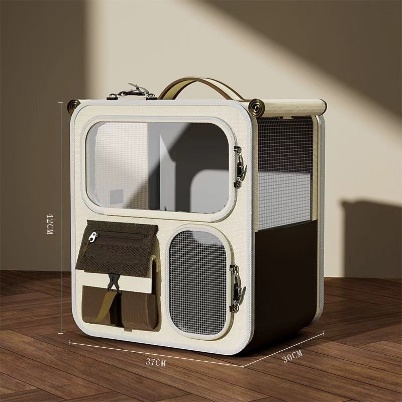 Pet carrier with dimensions on a wooden floor