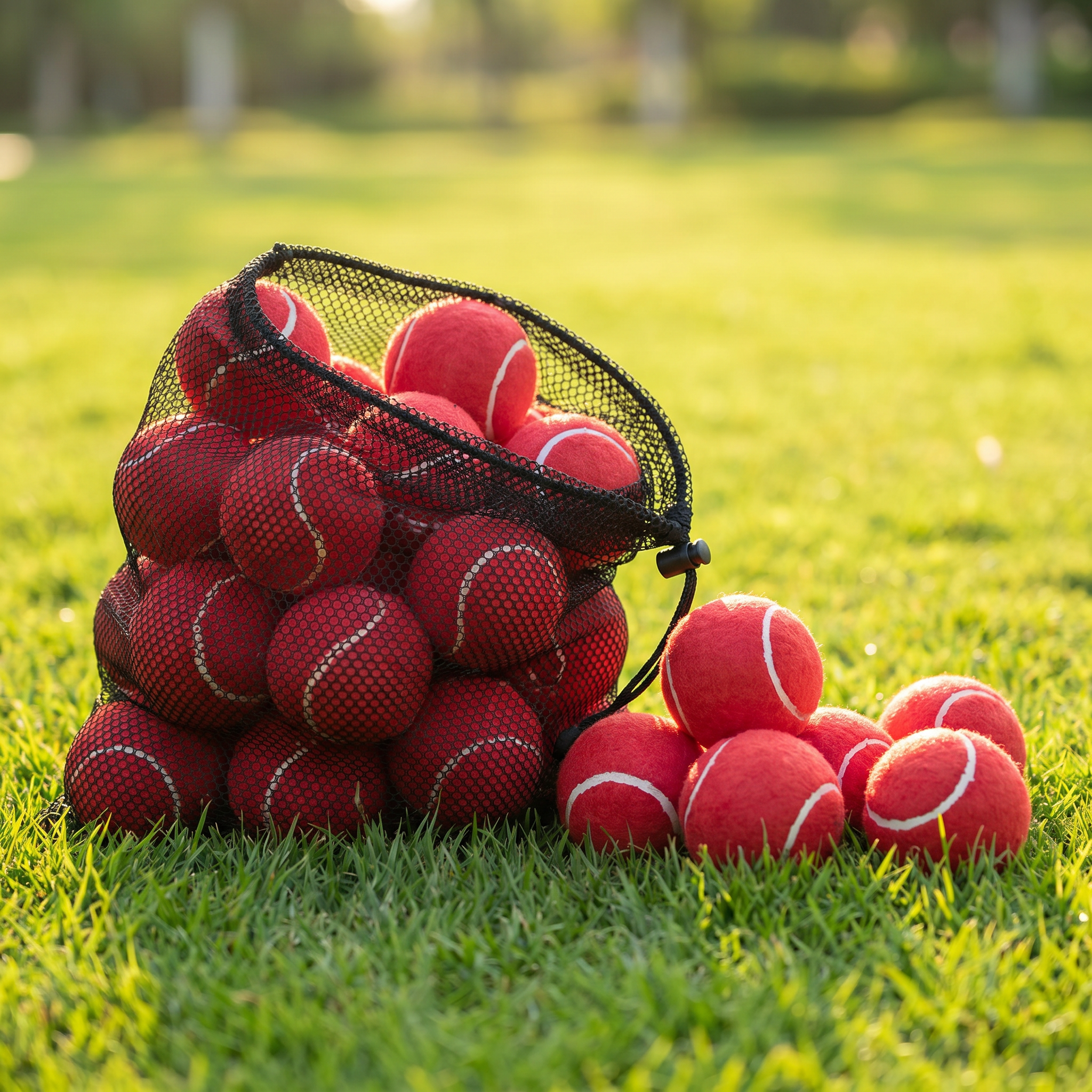 Bag of red sports balls on a grassy field