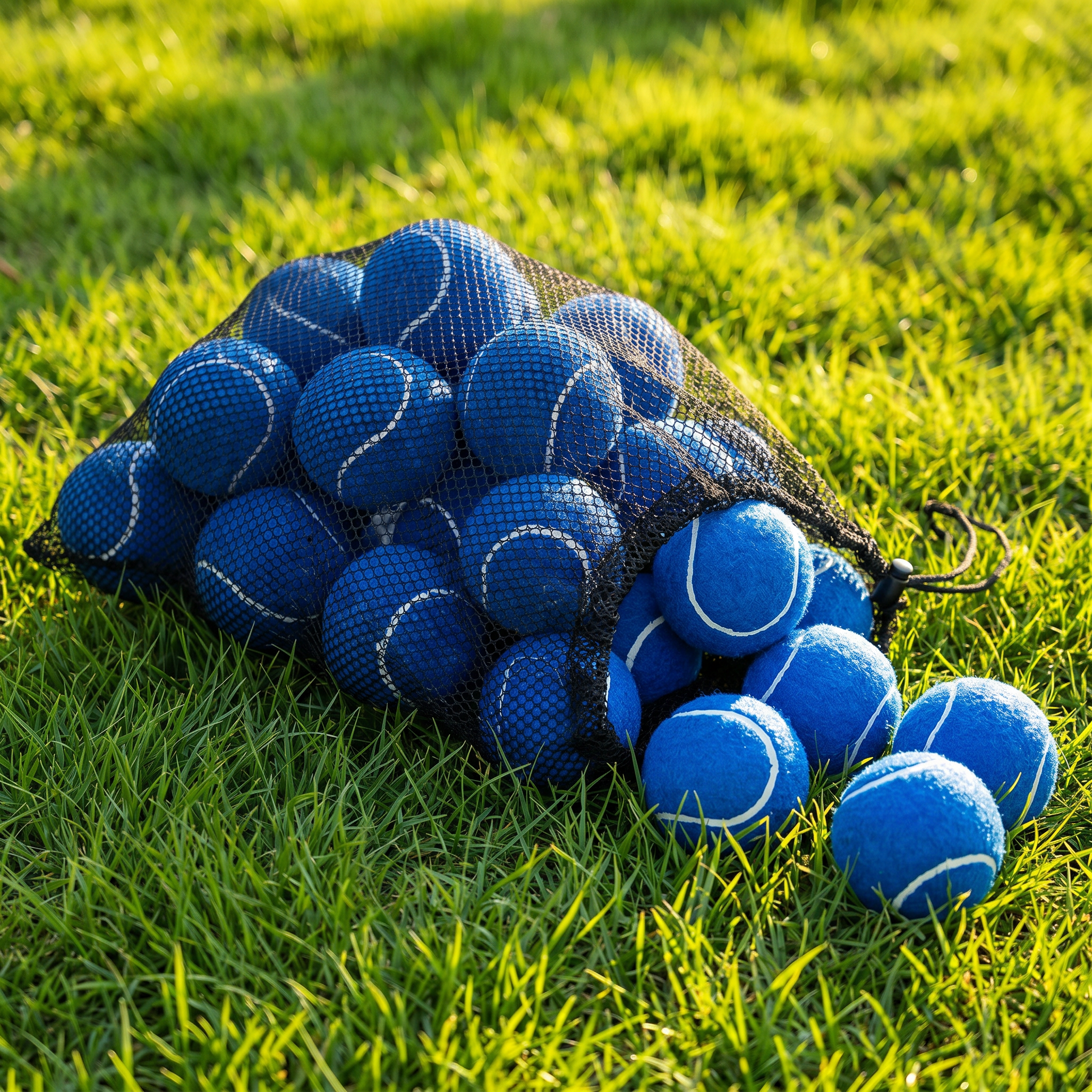Bag of blue tennis balls on a grassy field