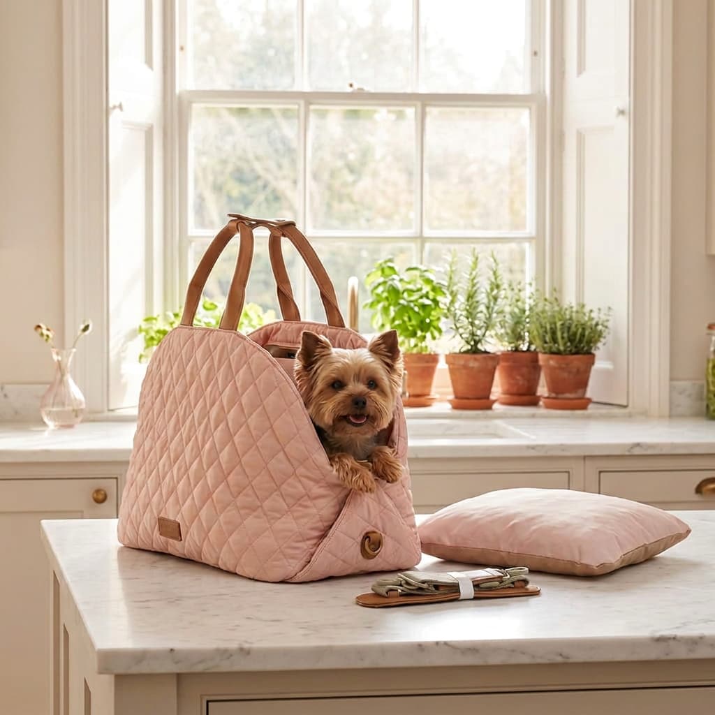 A small dog sits inside a quilted blush pink pet carrier bag on a white marble kitchen counter, with a matching pink cushion and sandals nearby in a bright kitchen setting.