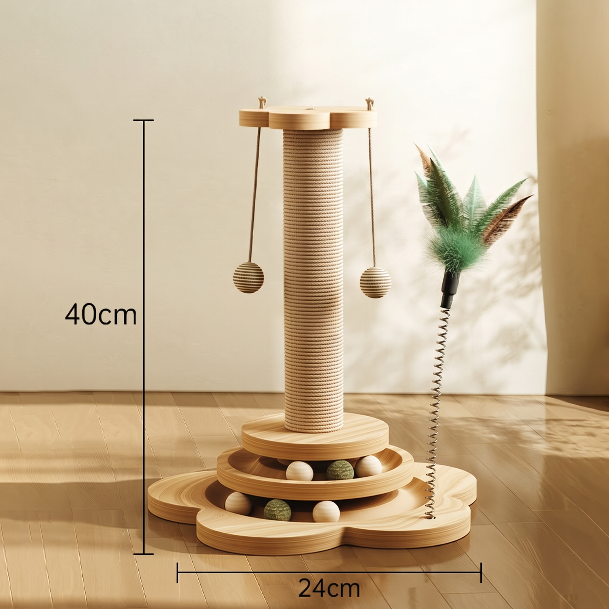 Wooden cat toy with various elements on a neutral background