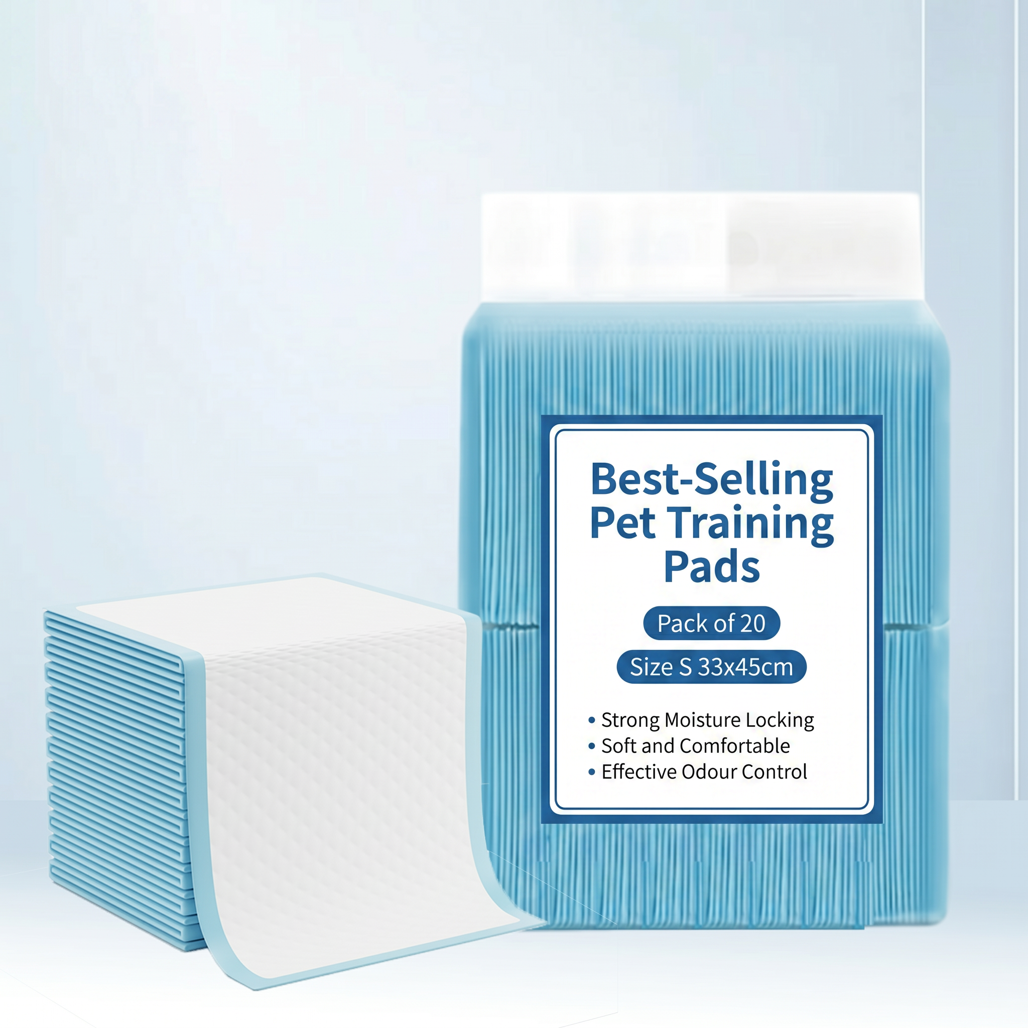 Pack of pet training pads with a blue and white design on a light grey background