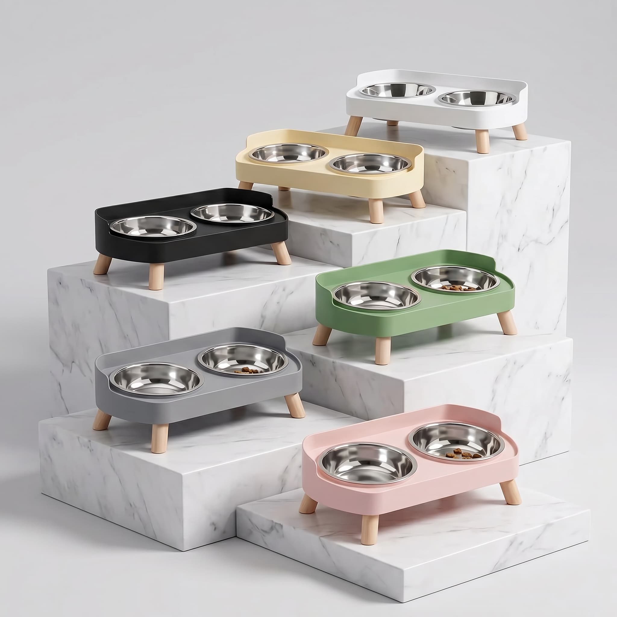 Set of elevated pet bowls in various colors on a marble platform