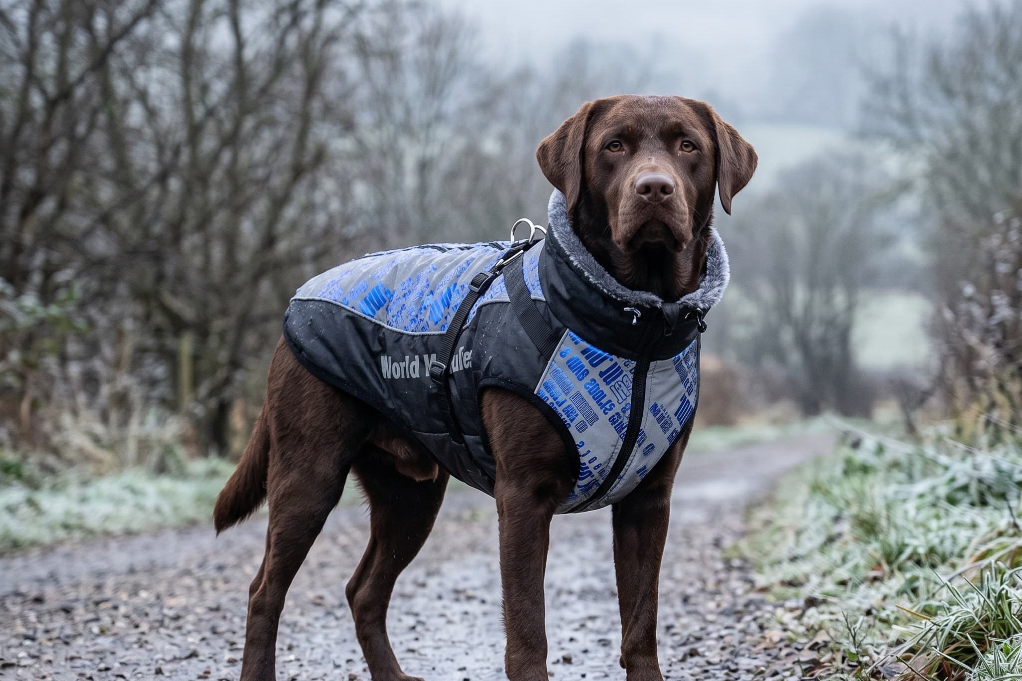 Dog wearing a black grey and blue coat in a forest on a wet evening