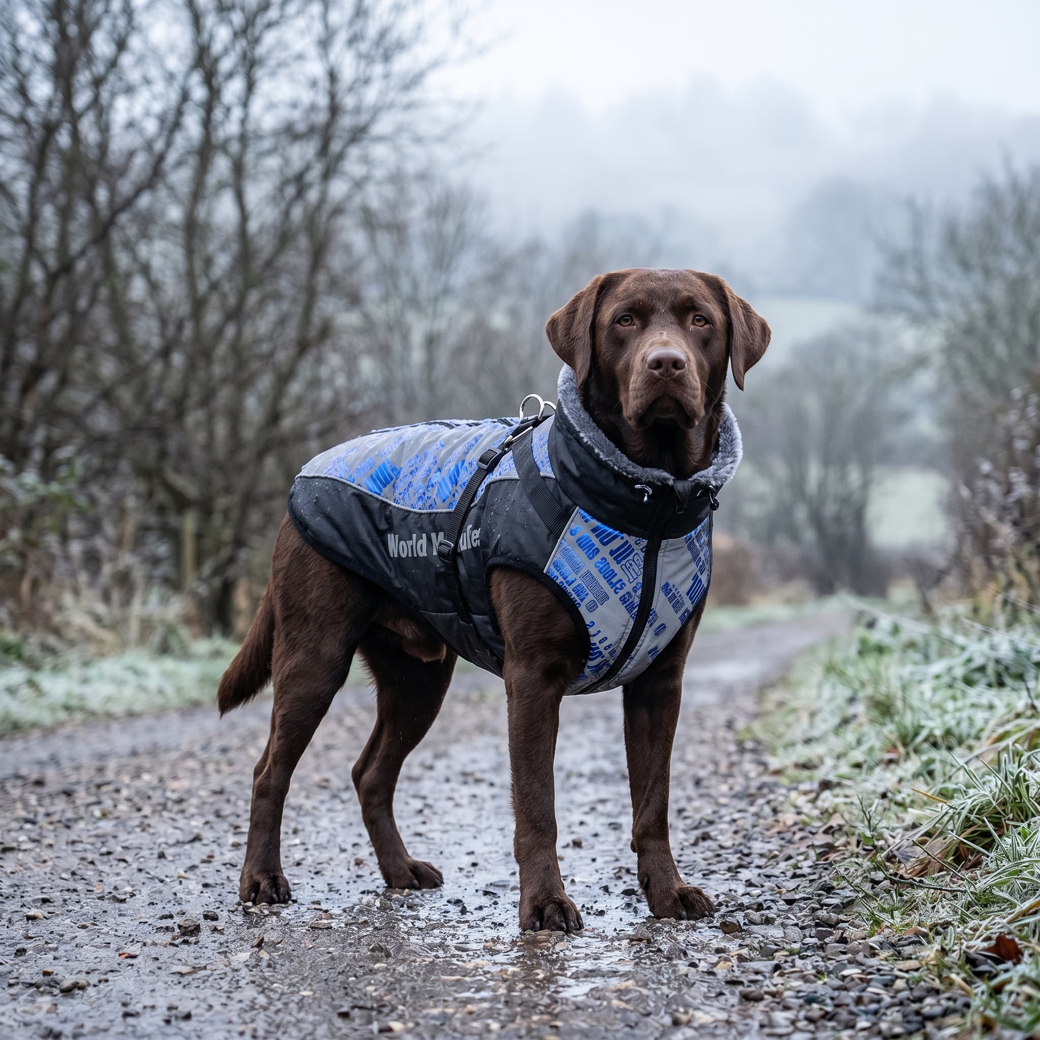 Dog wearing a black grey and blue coat in a forest on a wet evening