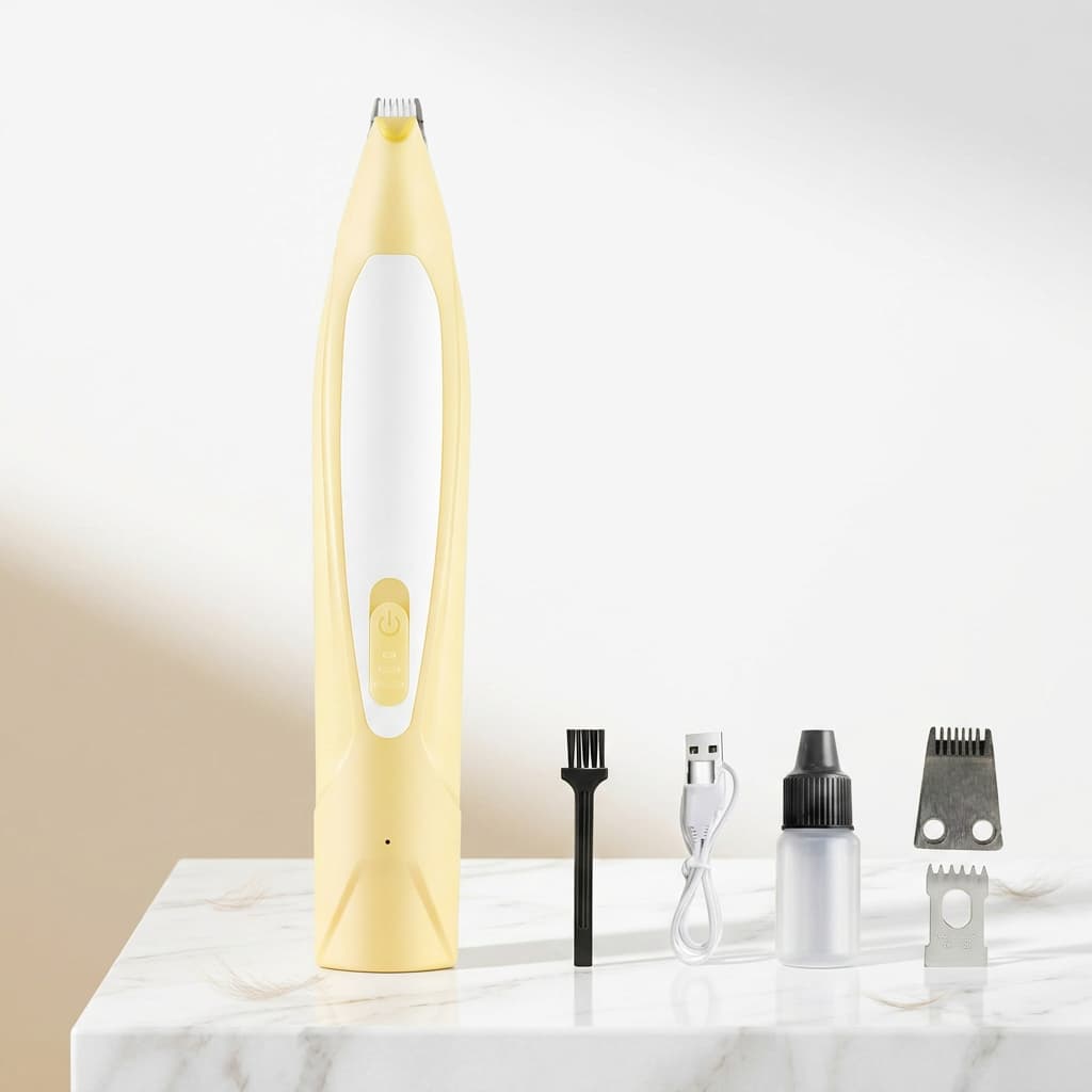 A pale yellow pet grooming clipper with a white center panel stands on a white marble surface, alongside a black cleaning brush, a USB charging cable, a small bottle with a black cap, and a metal clipper guide.