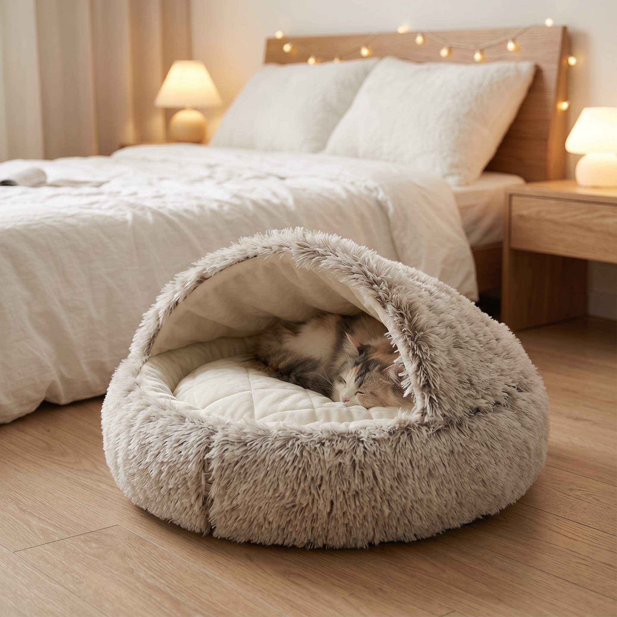 Fluffy pet bed with a cat inside in a bedroom setting