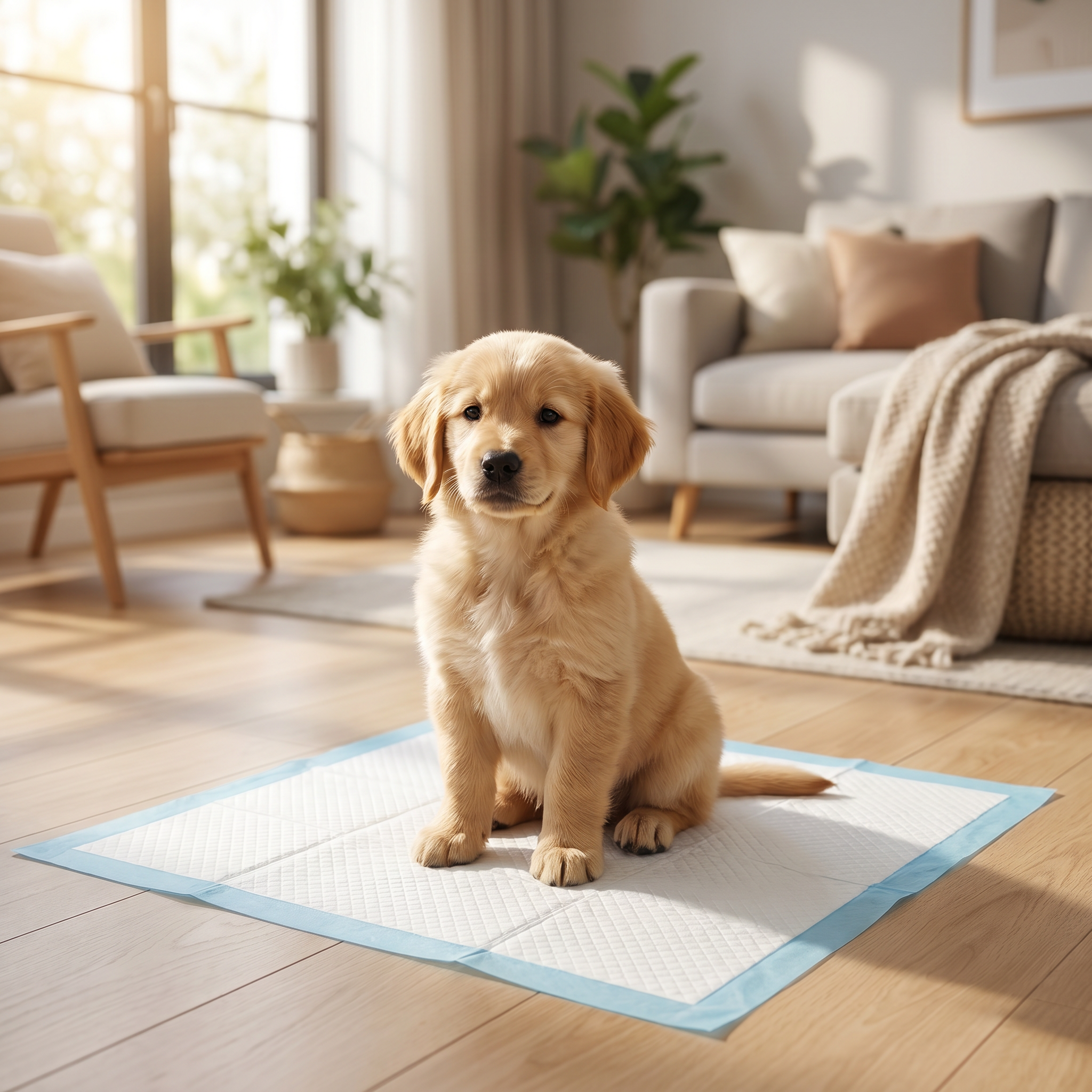 Dog sitting on a training pad in a bright living room