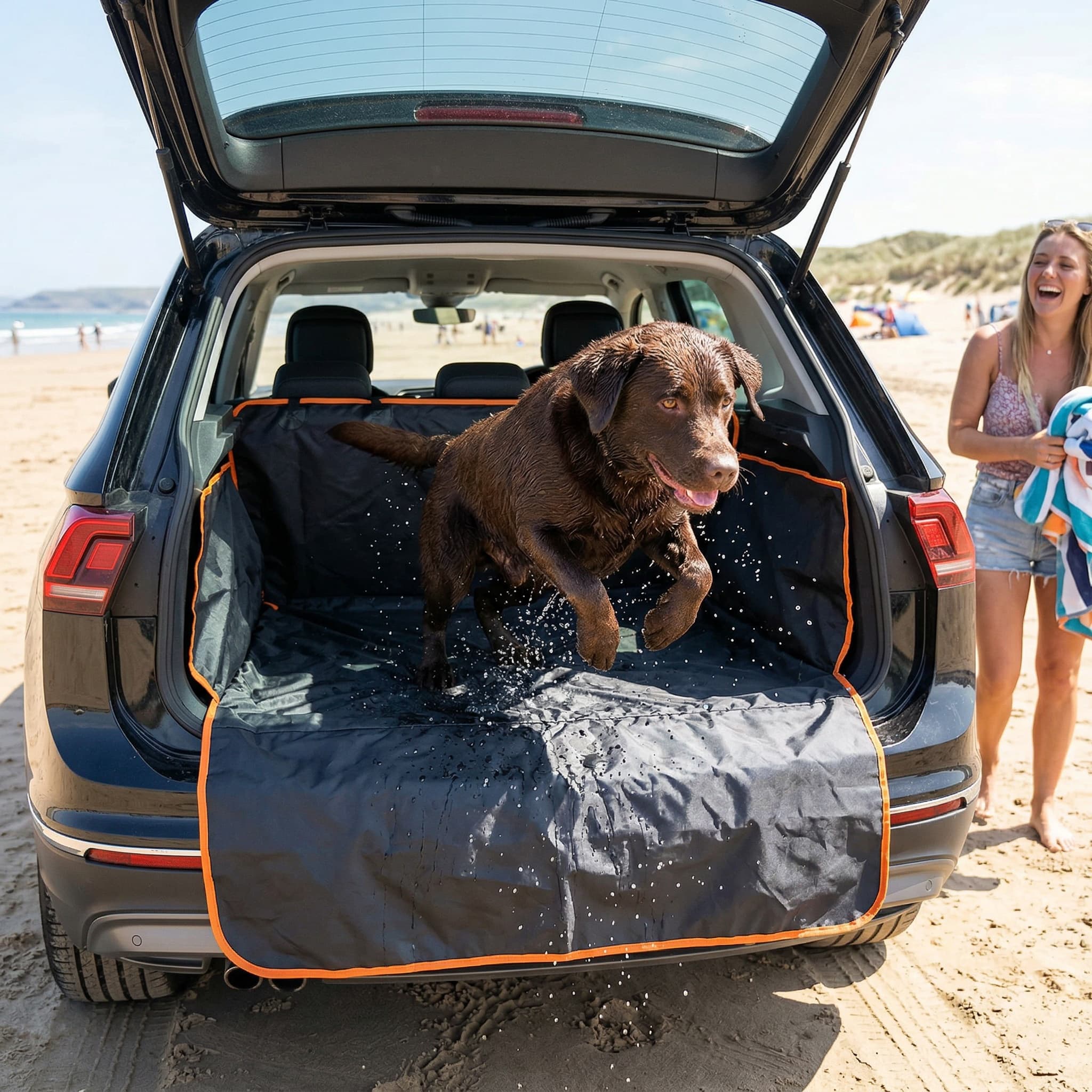 Dog on a car mat in an open car trunk at the beach with a woman in the background. with a car boot protector in the car