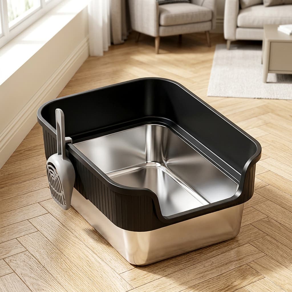 A stainless steel and black cat litter box with a matching scoop, shown on a light wood floor in a modern living room setting.