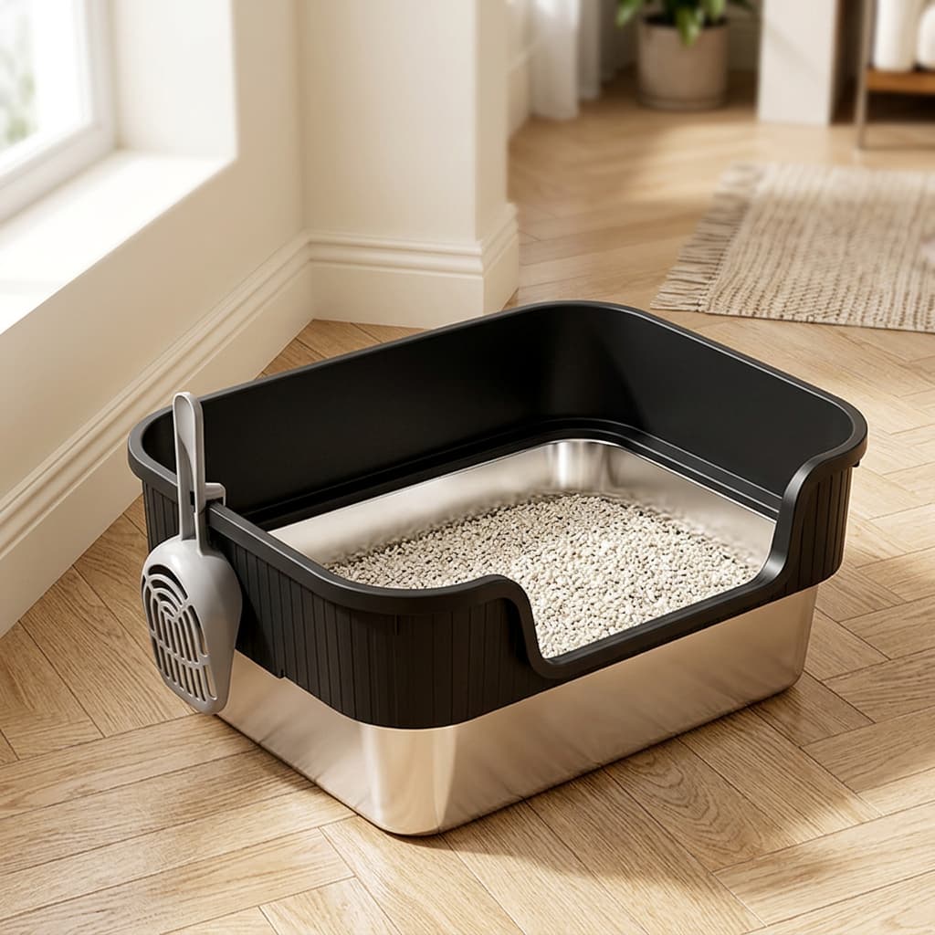 A square cat litter box with a black top tray, stainless steel base, and attached gray scoop, filled with litter and placed on a wood floor in a bright room.