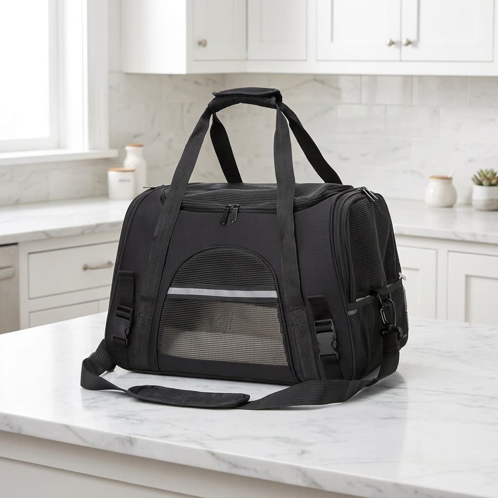 A black pet carrier duffel bag with mesh windows and top handles, placed on a white marble kitchen counter.