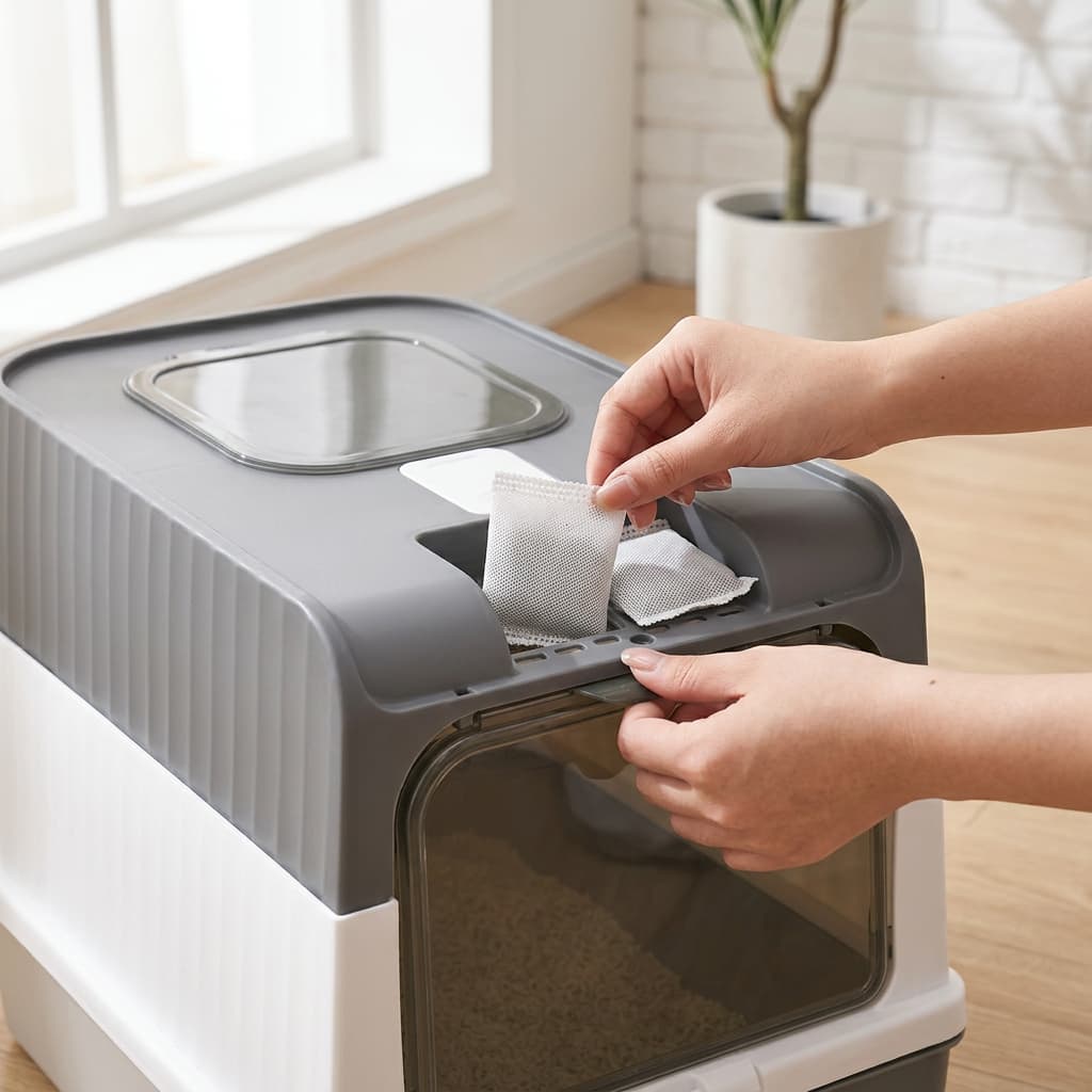 A person's hands are shown placing a white cleaning pad into the top opening of a grey and white litter box with a clear window, set in a bright, modern room with a wooden floor and white brick wall.