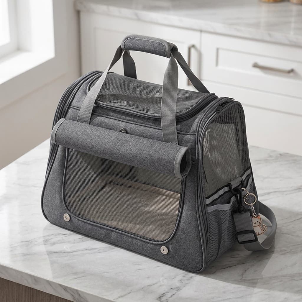 A dark grey pet carrier duffel bag with mesh side panels and a front window, placed on a white marble countertop in a bright kitchen setting.