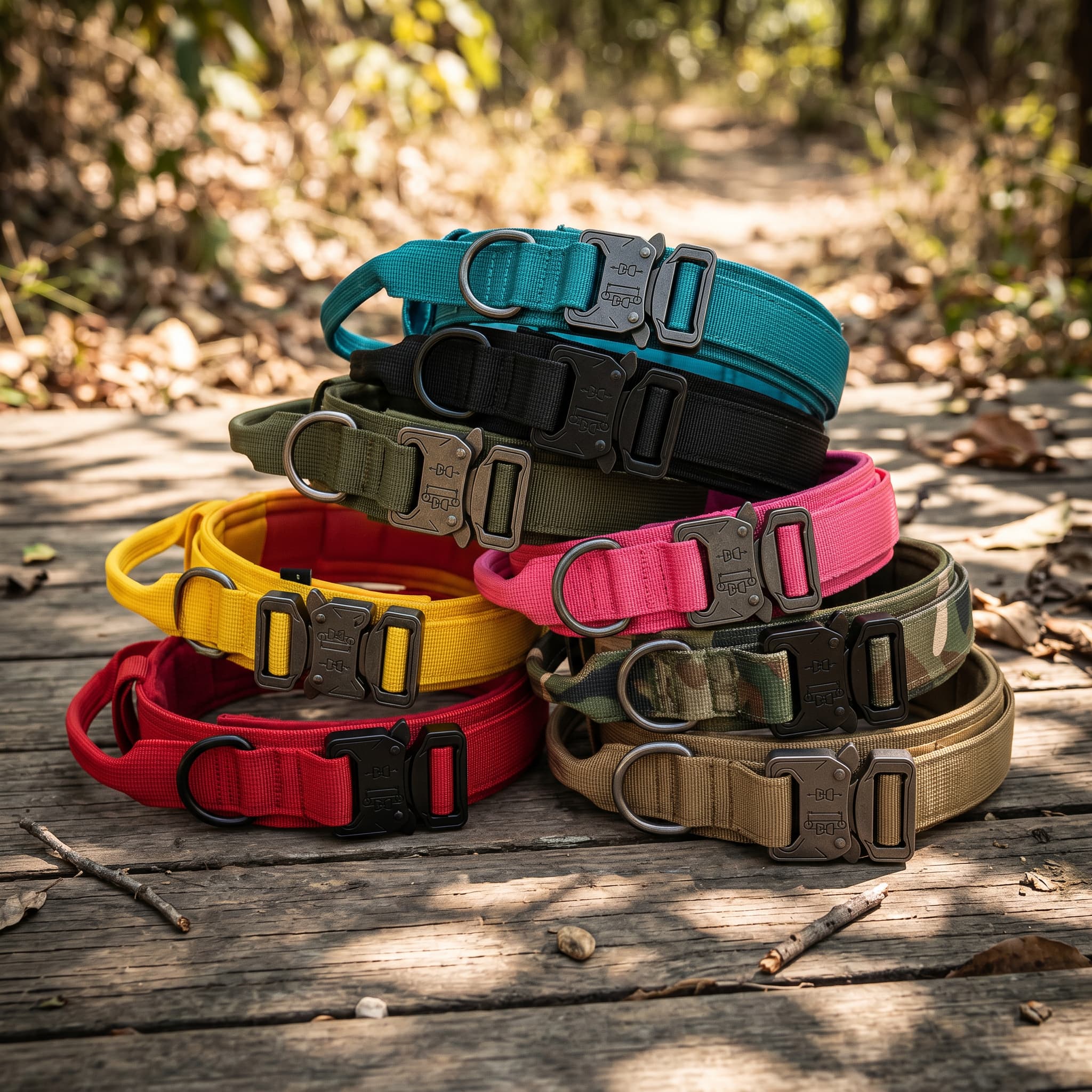 8 coloured tactical dog collar with metal buckle outside near trees and grass