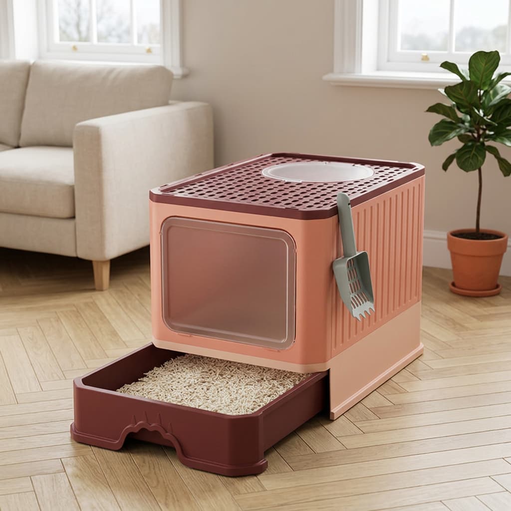 A pink and dark brown plastic cat litter box with a transparent front window, a raised litter tray pulled out below, a gray scoop hanging on the side, and litter inside, shown in a bright living room with a sofa, windows, and a potted plant.