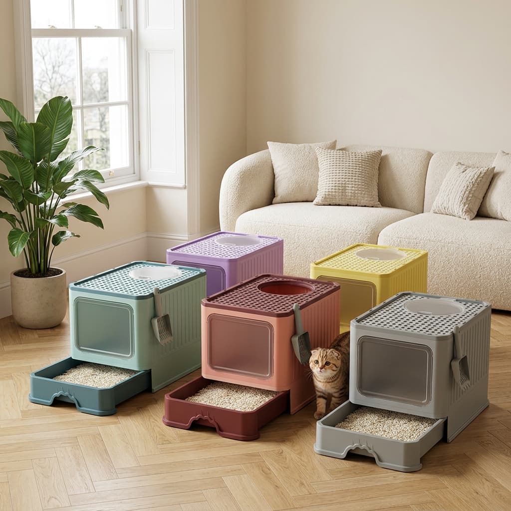 Five modern plastic litter boxes in assorted colours including sage green, lavender, yellow, terracotta, and grey, arranged on a wooden floor in a bright living room with a sofa and potted plant.
