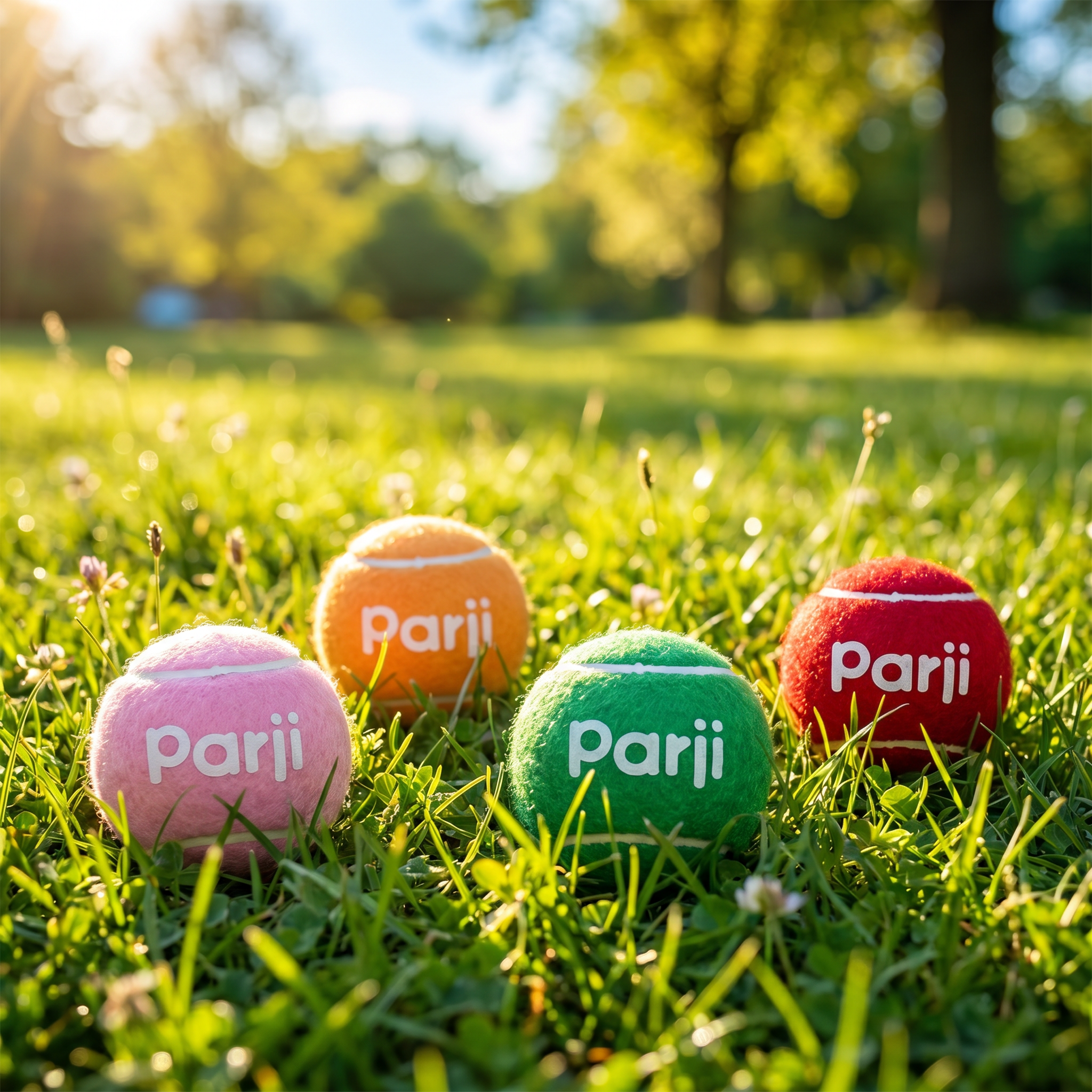 Four colorful tennis balls labeled 'Parji' on a grassy field with trees in the background.