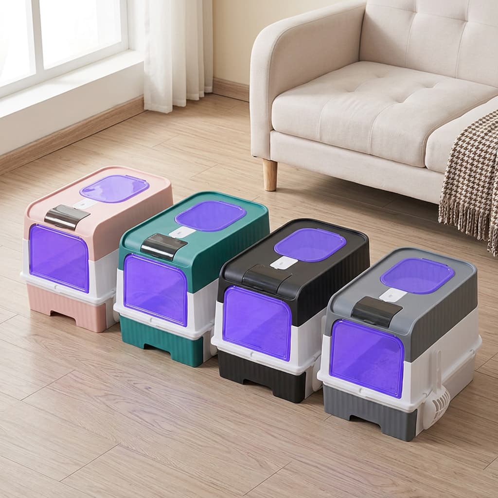 Four plastic cat litter boxes with purple transparent lids are lined up on a light wood floor in a living room setting with a beige sofa in the background.