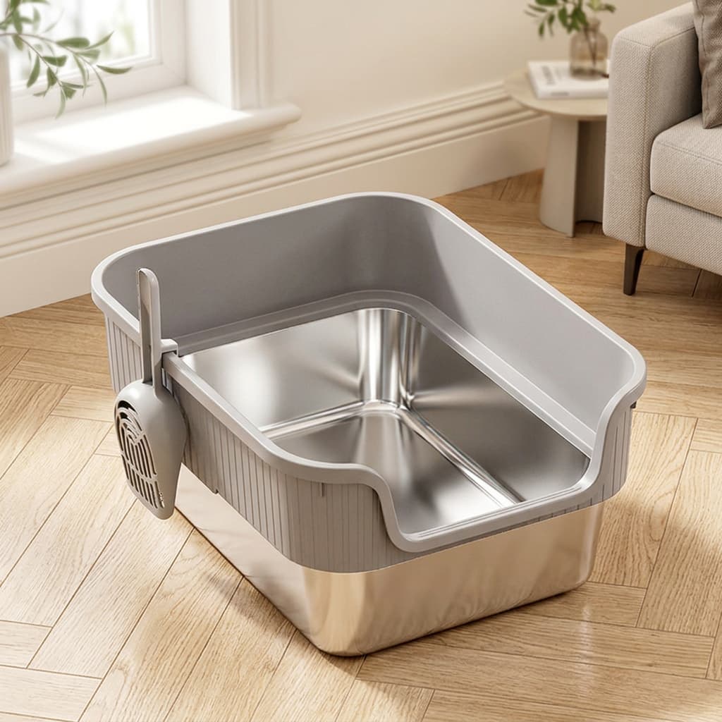 A modern cat litter box with a stainless steel interior and a light grey outer frame, shown on a wood floor in a bright living room setting.