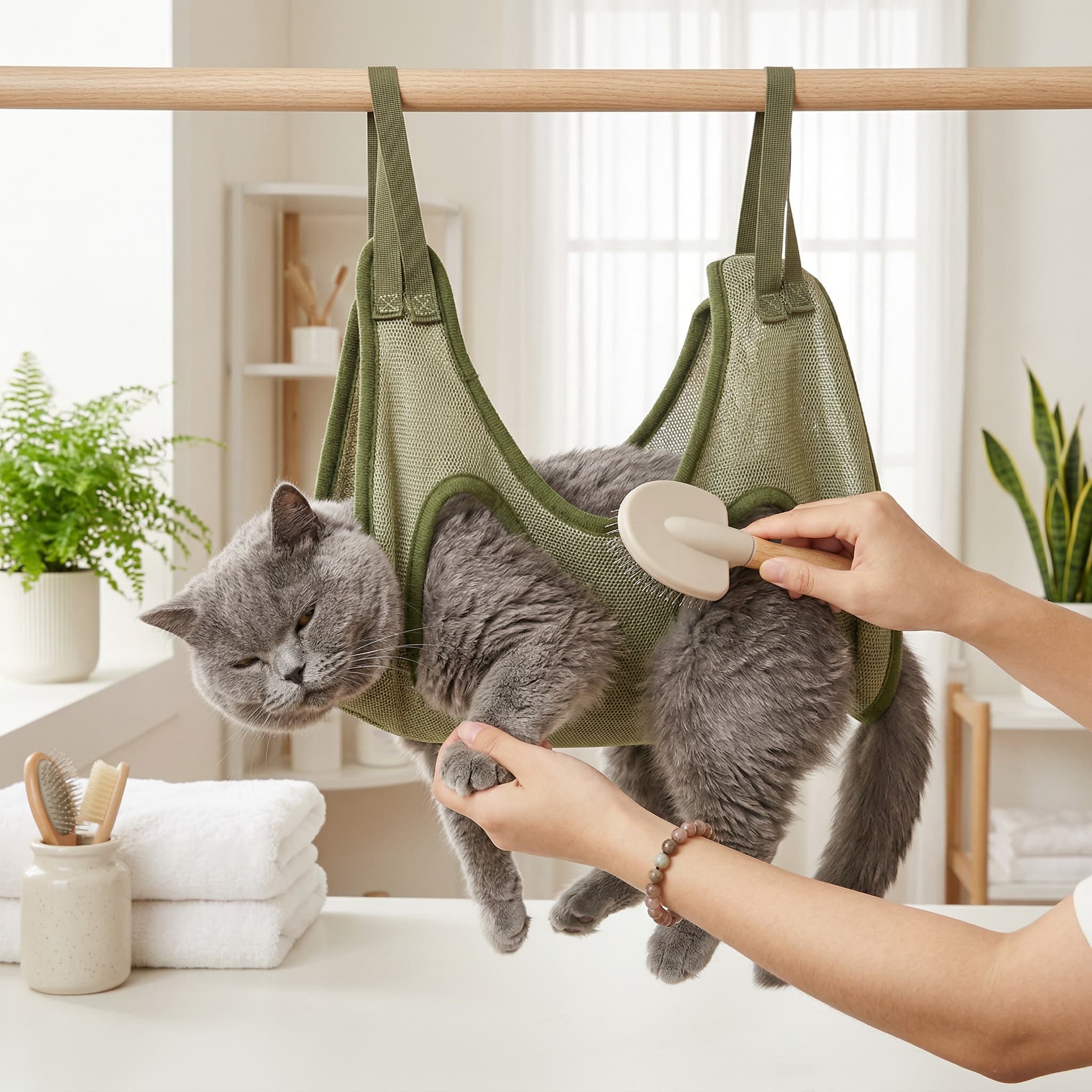 Cat being held in a green mesh hammock while being brushed by a person.