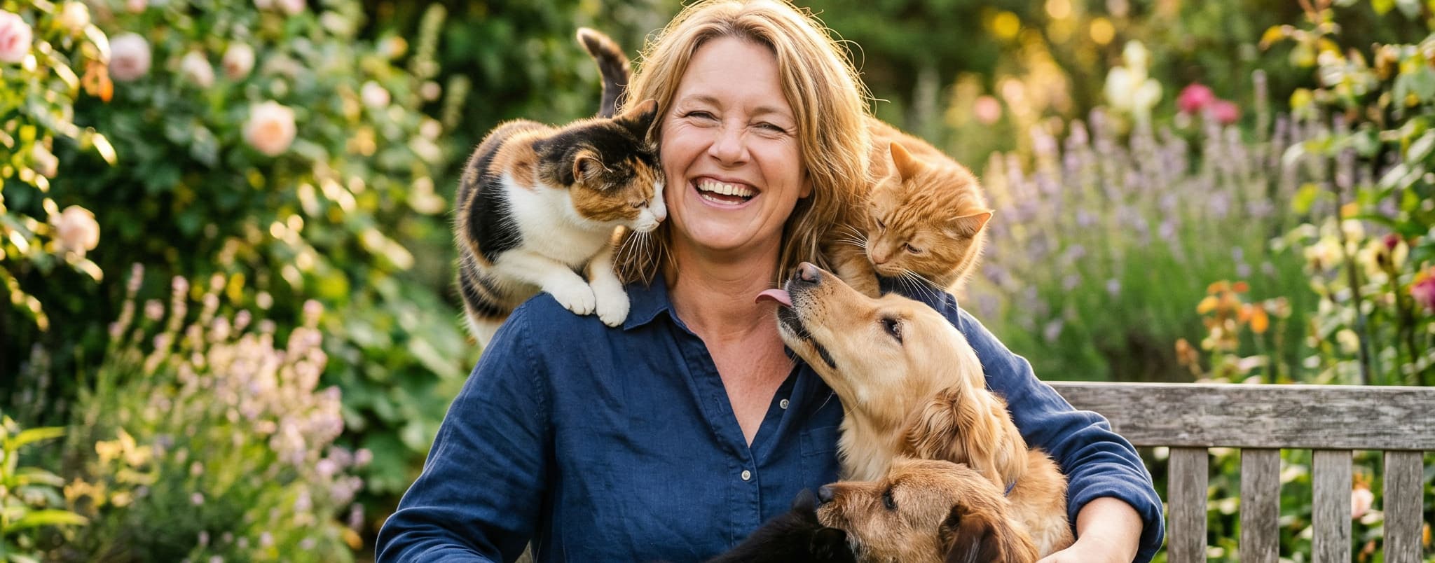 Woman holding two dogs and a cat in a garden setting
