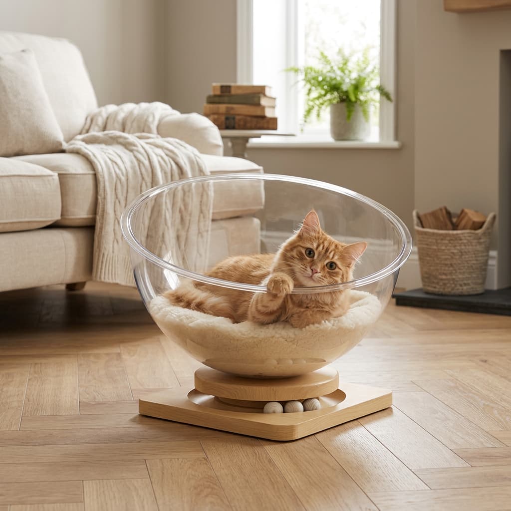 An orange tabby cat lies inside a clear plastic cat bed with a cream cushion and wooden base, placed on a light wood floor in a bright living room.