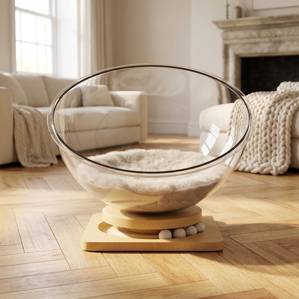A clear plastic cat bed bowl with a fluffy cream cushion, elevated on a light wood pedestal base in a bright, modern living room with wood floors and neutral-toned furniture.