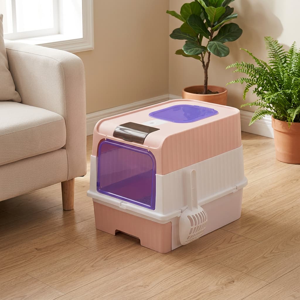 A pink and white plastic litter box with a purple transparent front door and top opening, placed on a light wood floor in a living room next to a beige sofa and potted plants.