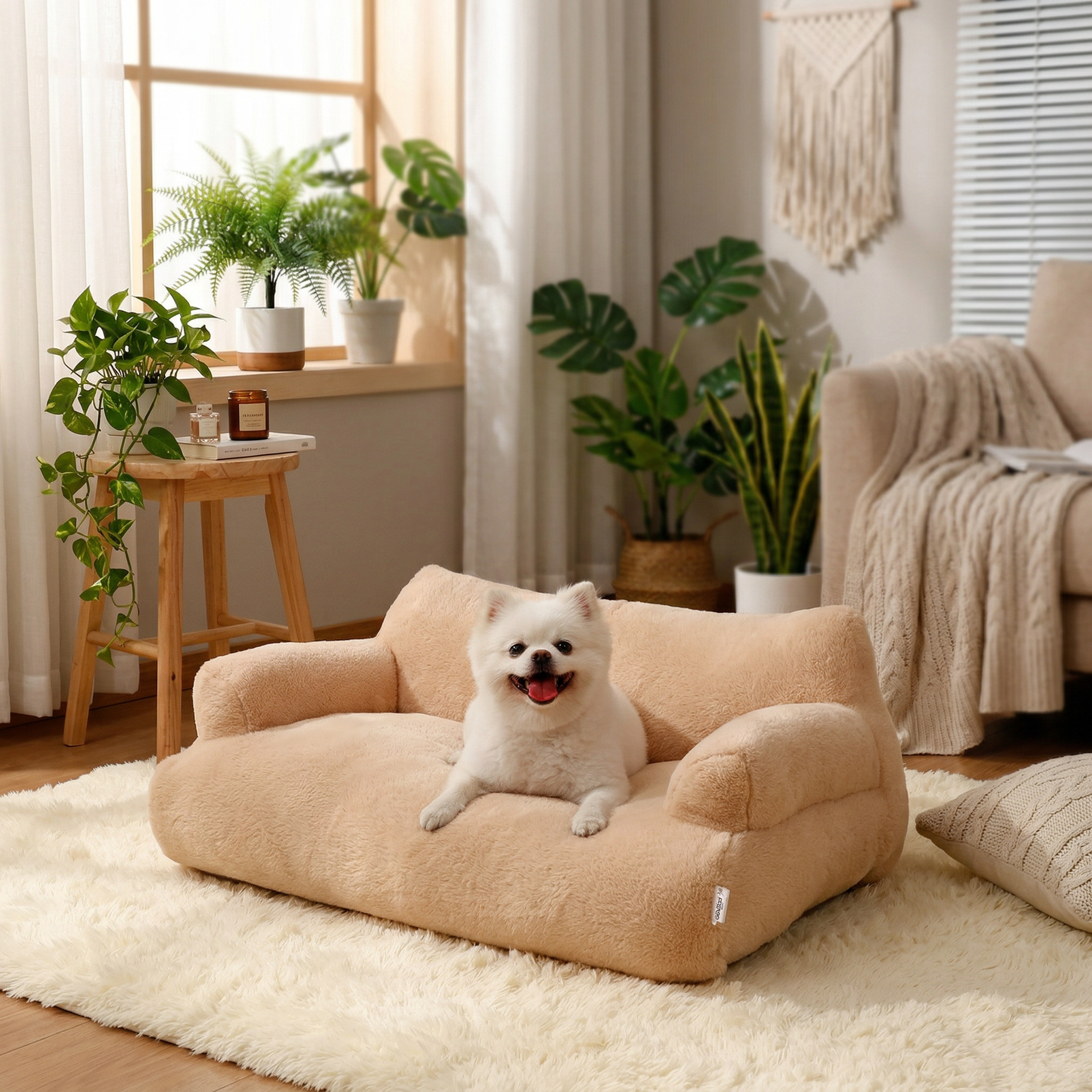 Dog sitting on a plush beige pet bed in a cozy living room with plants and furniture.
