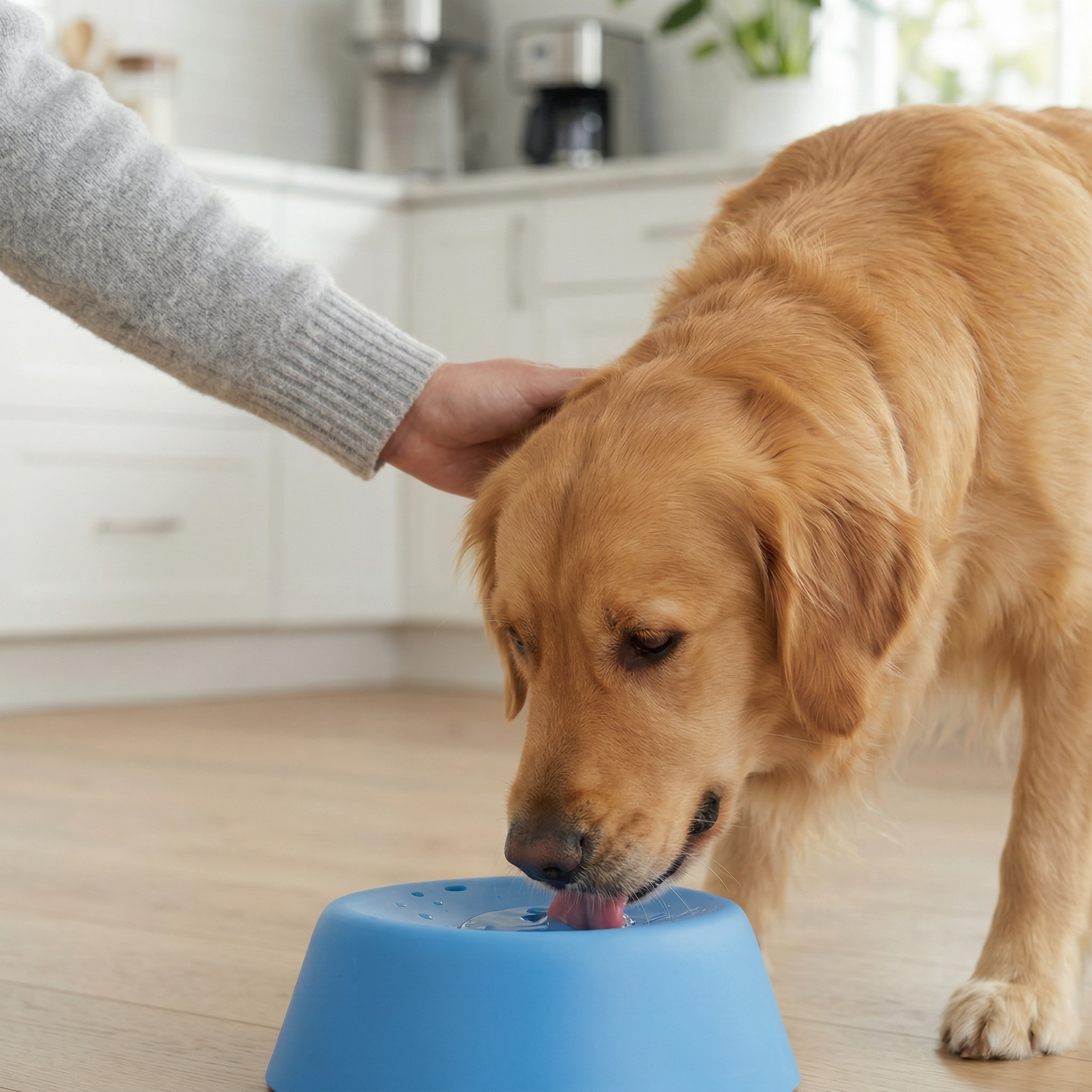 Dog drinking from a blue bowl with a person petting it in a kitchen.