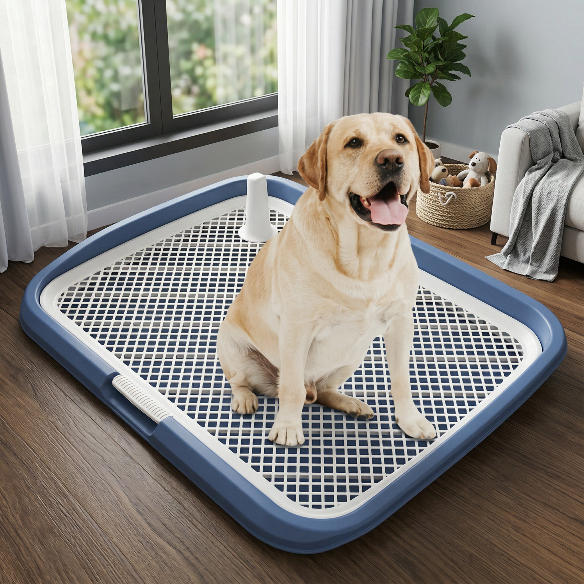 Dog sitting on a blue and white pet training pad indoors.