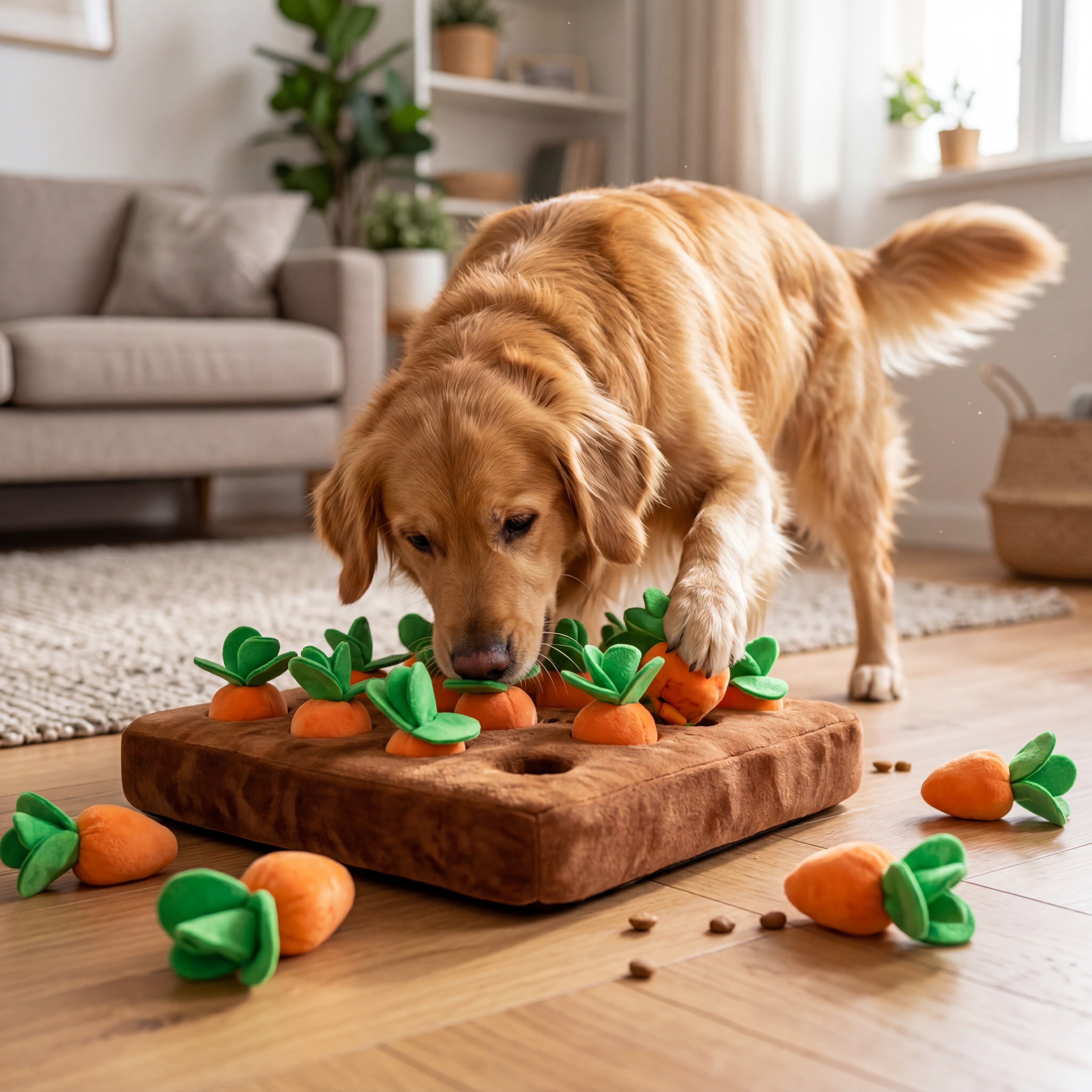 Dog playing with a puzzle toy on a wooden floor in a living room.