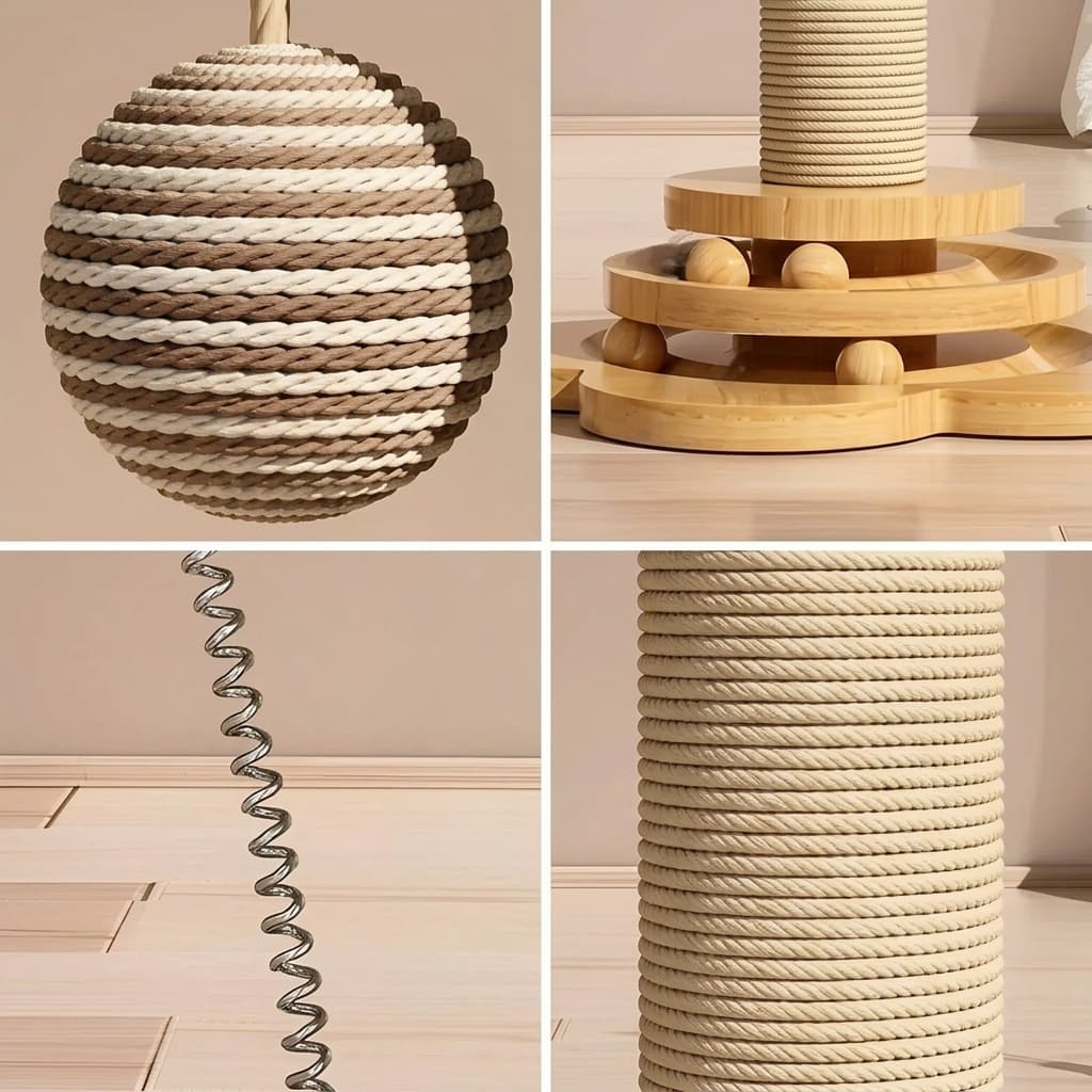 A four-panel collage showing a woven cat toy: a large striped spherical ball, a close-up of the hanging spring, a close-up of the rope-wrapped post, and a top view of the toy mounted on a wooden stand.