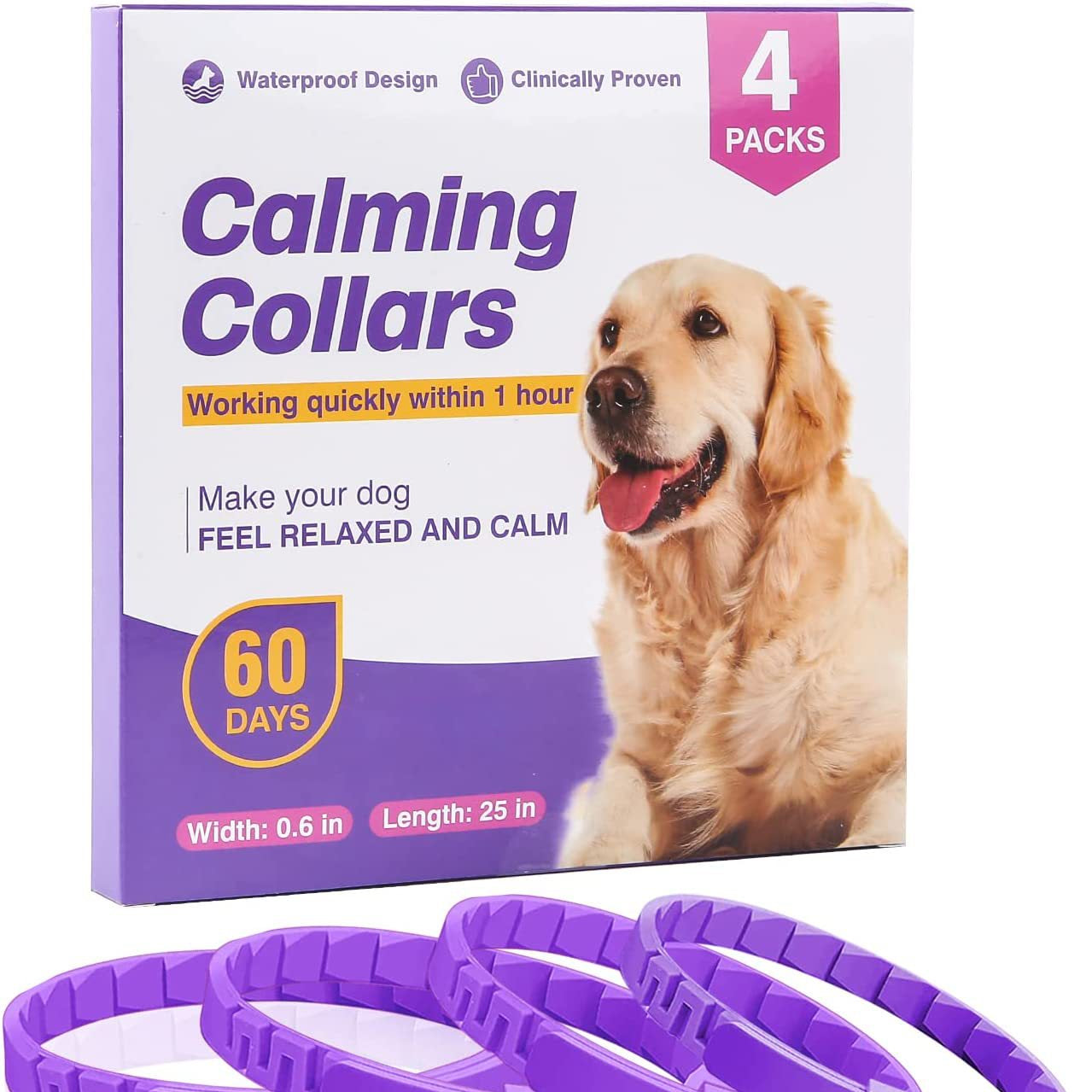 Box of Calming Collars with a dog on the packaging and two collars in front.