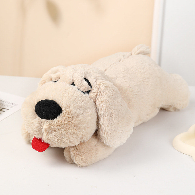 Plush dog toy with a red tongue on a light surface