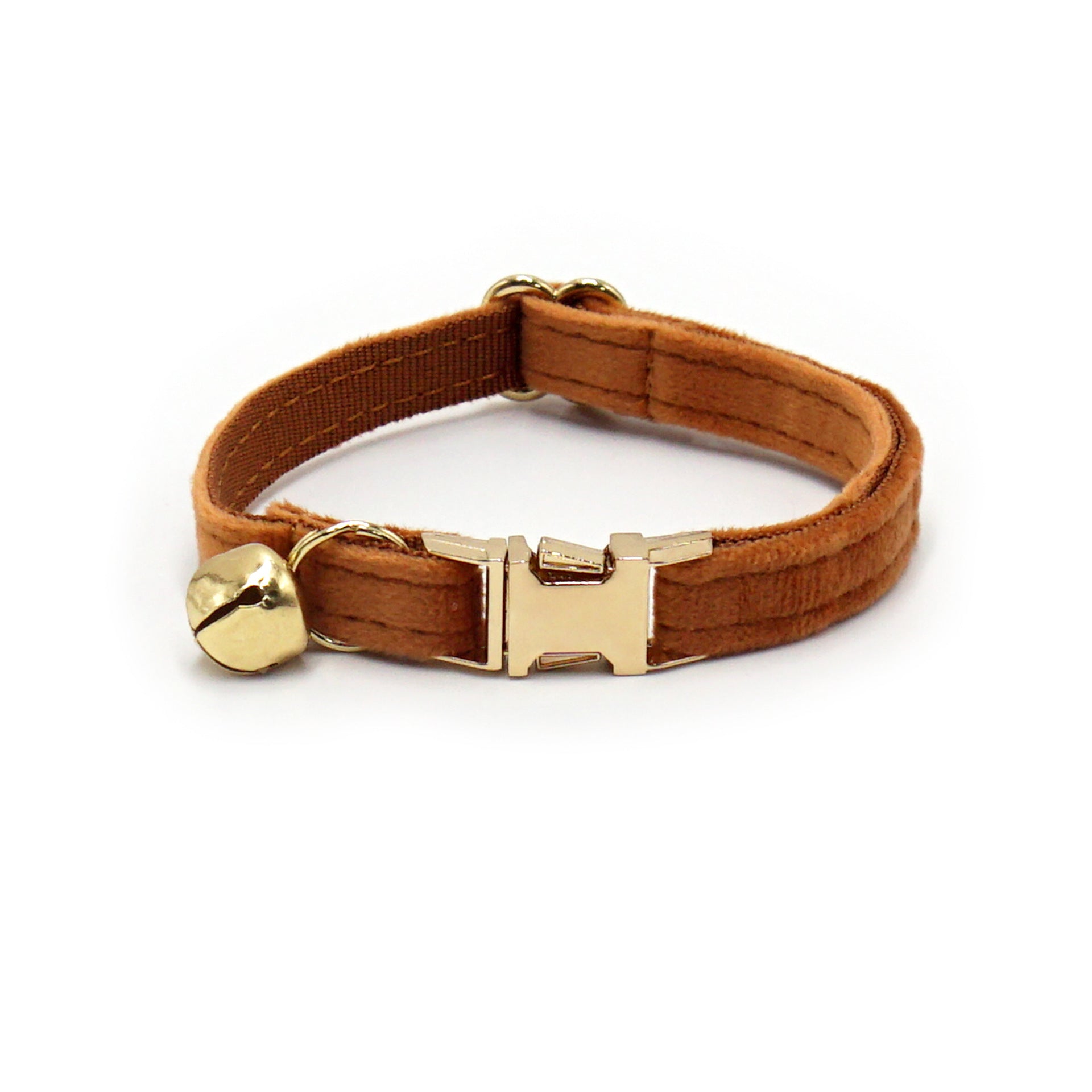 Brown leather cat collar with gold buckle and bell on a white background
