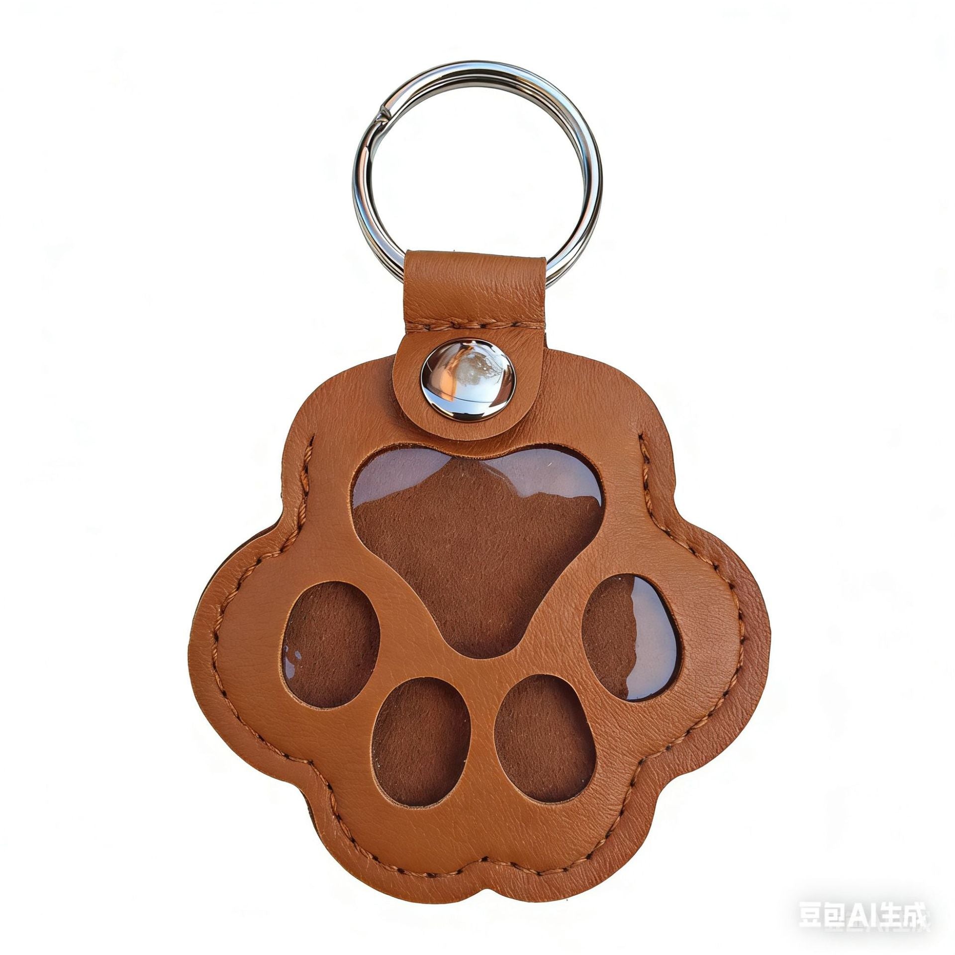 Brown leather keychain in the shape of a paw on a white background