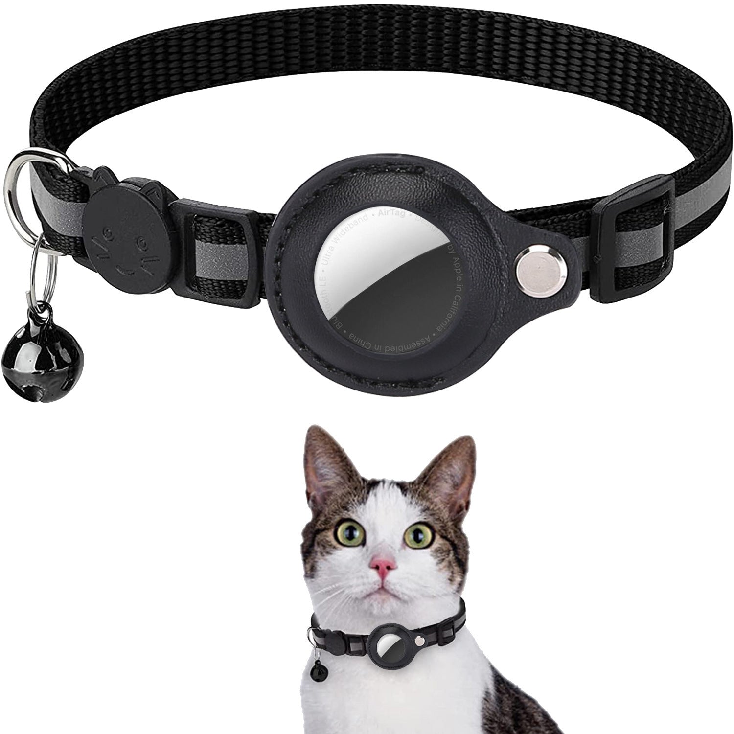 Cat wearing a black collar with a visible Apple logo on a white background