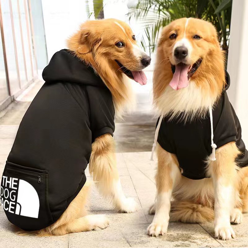 Two dogs wearing black hoodies with 'The Dog Face' logo on a stone surface.